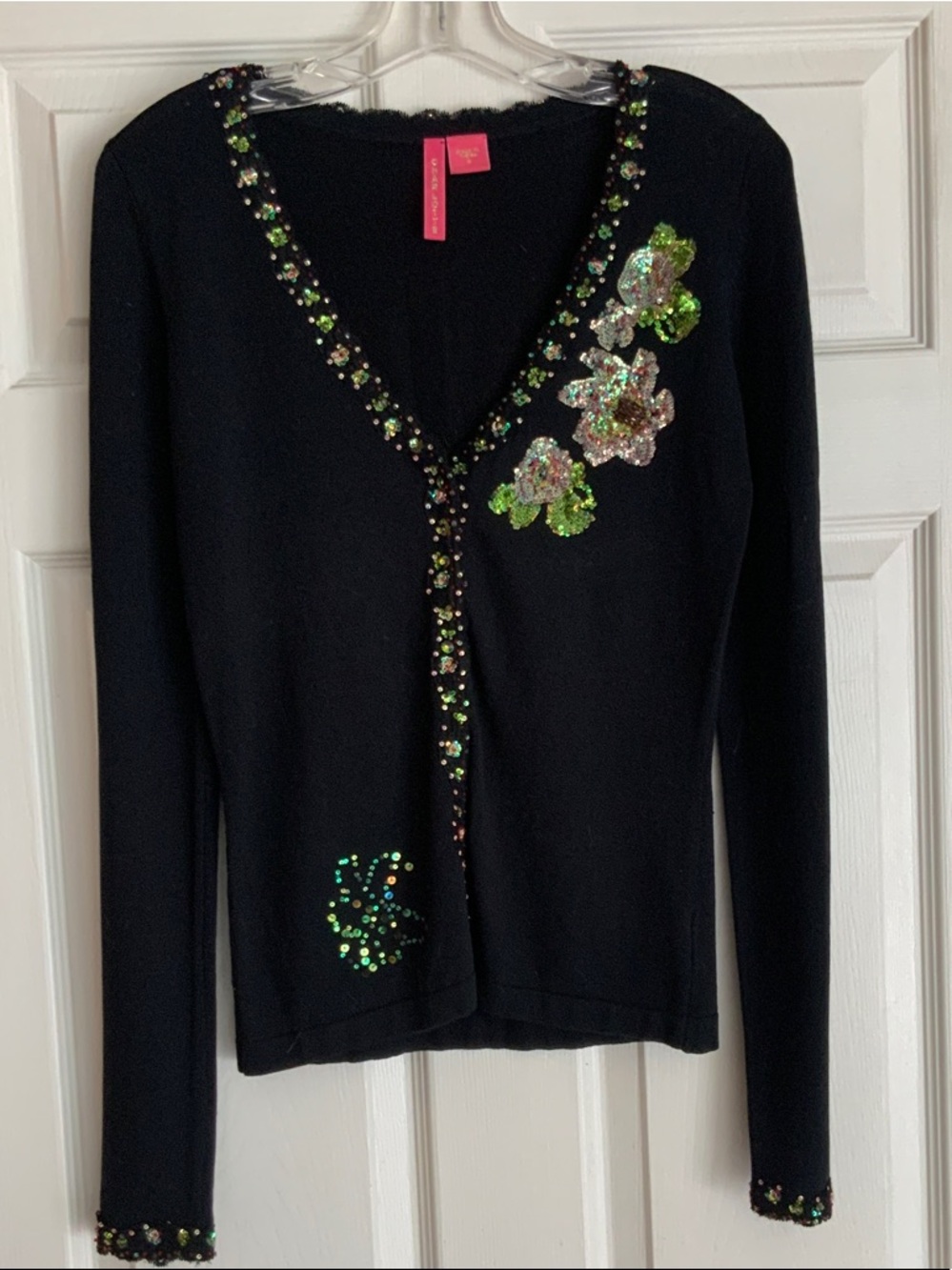 Black V-Neck Sweater with Green Sequin Floral Accents